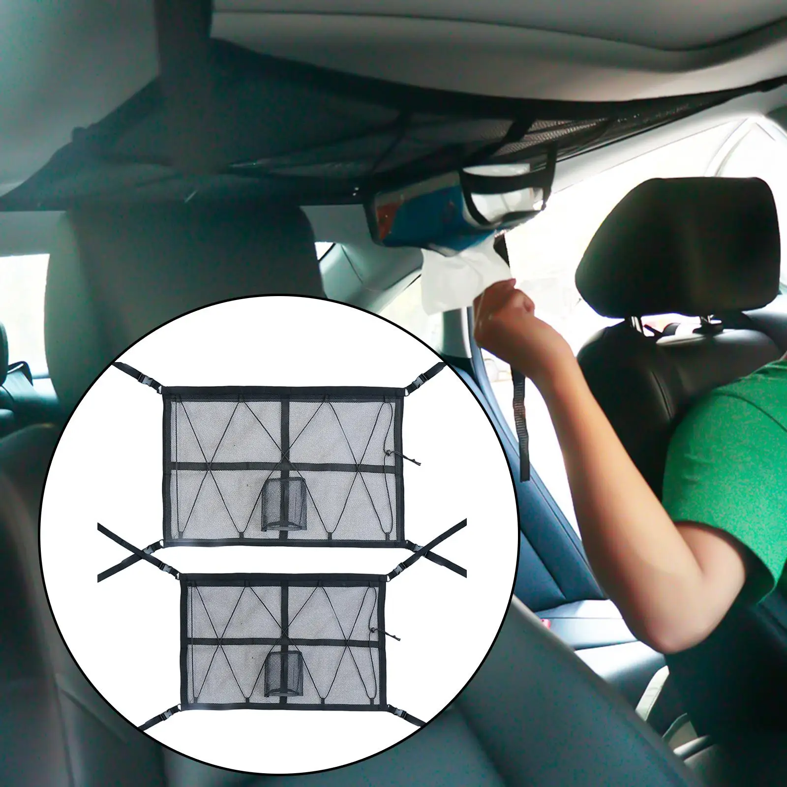 Car Roof Ceiling Cargo Net Pocket Interior Double Layer with Zipper Buckle Organization with Zip for SUV Camper MPV Most Car Van