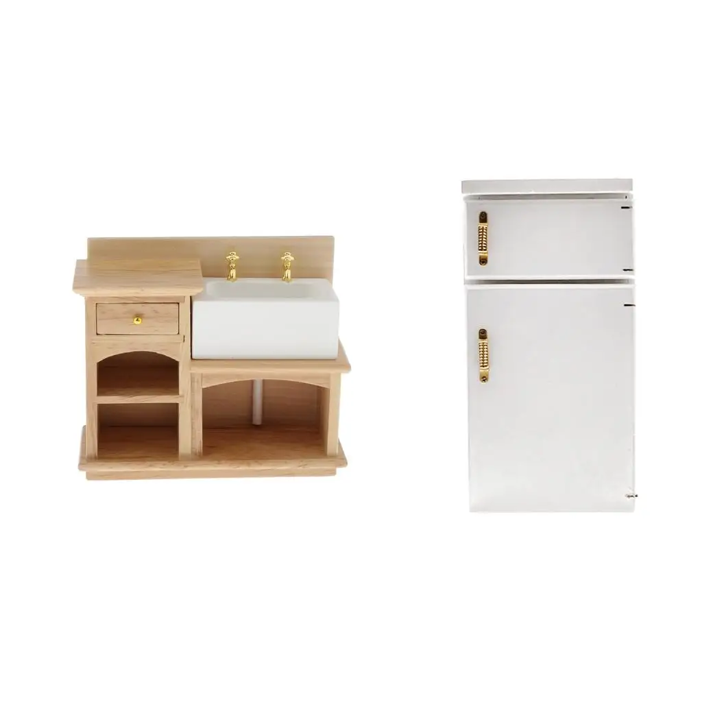  Mini Dollhouse Refrigerator Wooden Compact Dollhouse Furniture Mini Refrigerator and Wash Basin Sink for Toddler Dollhouse 