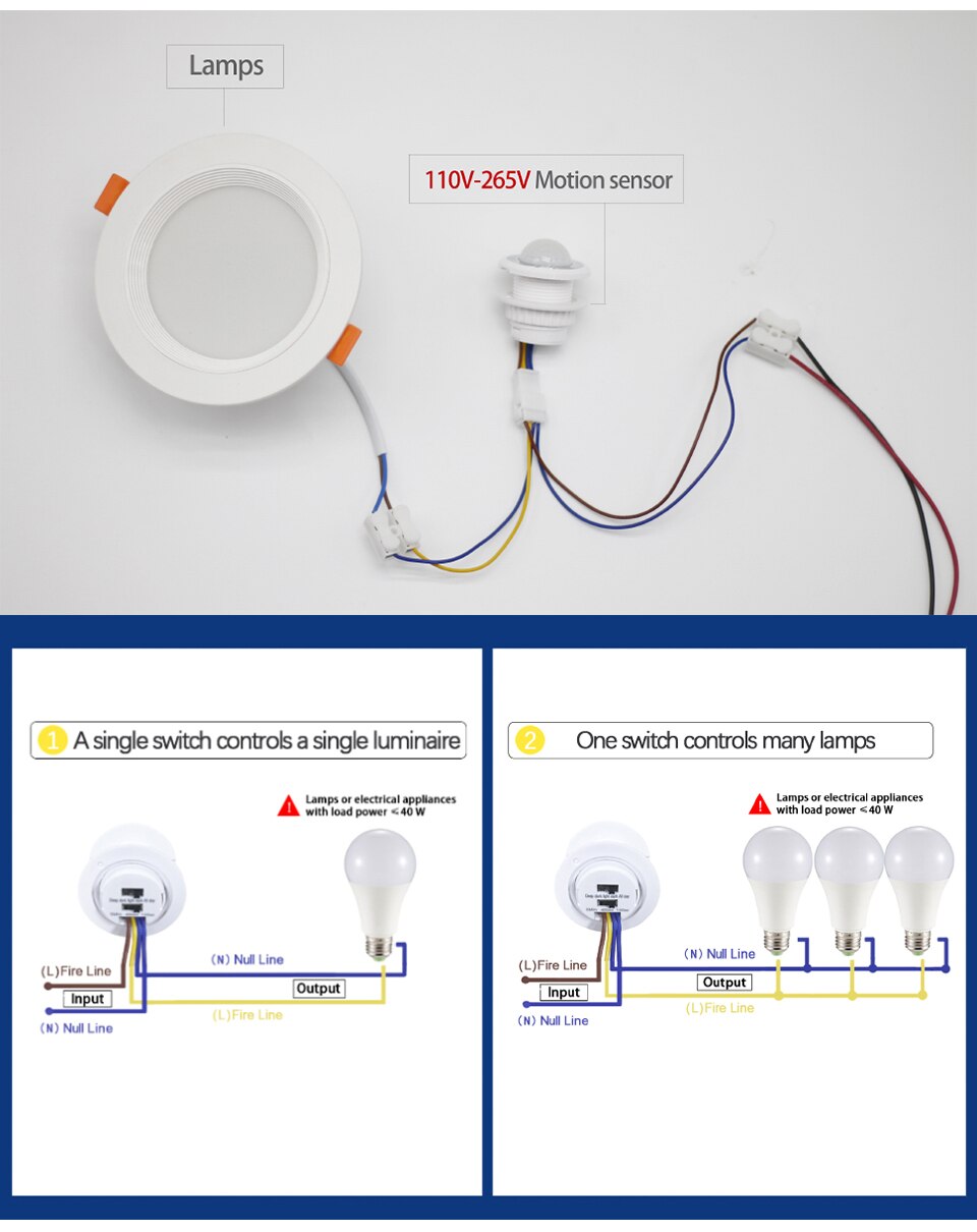 Nombre 4, 2 uds interruptor de Sensor de movimiento inteligente 85-265V interruptor Detector automático retardo de iluminación de tiempo ajustar el movimiento para lámpara LED Ceili