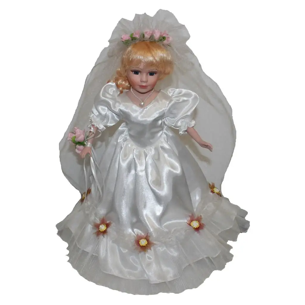 Elegant 40 Cm Victorian Ceramic Woman Doll in White Wedding Dress Decor Costume