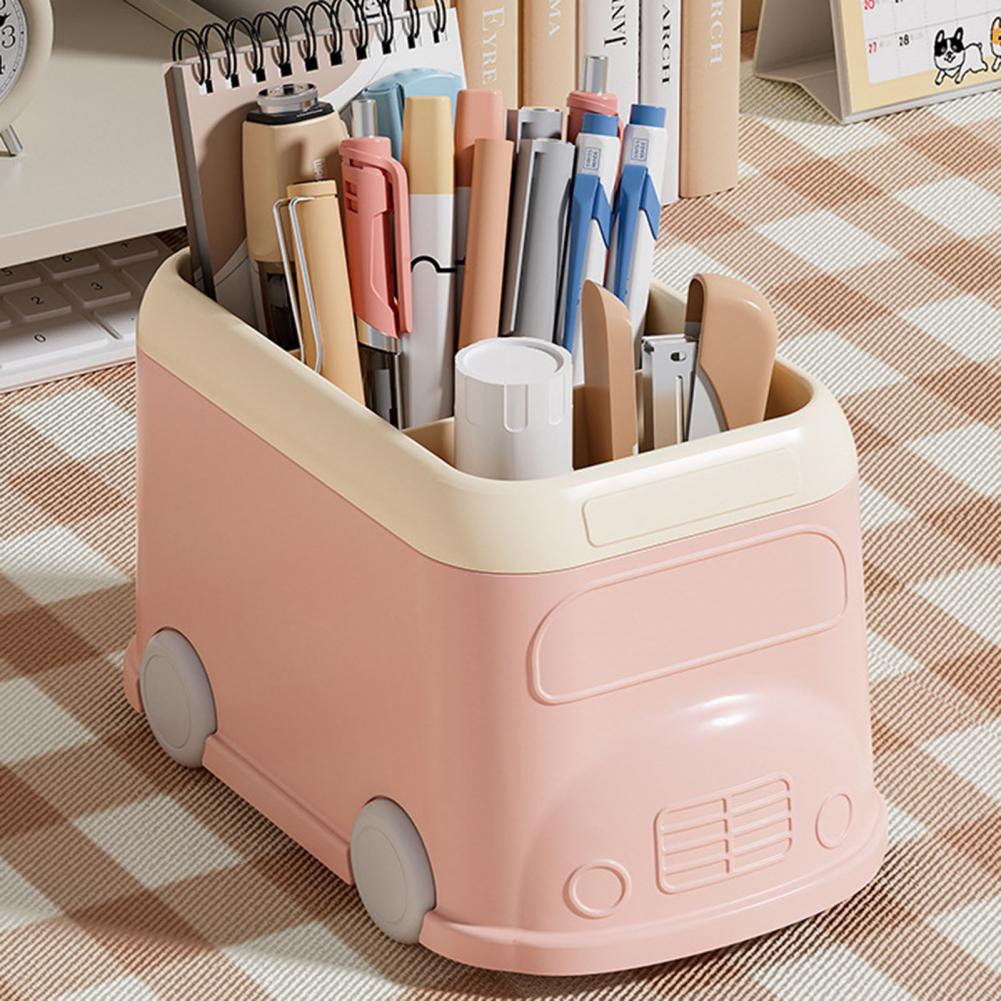 Desktop Pen Holder 3 Compartments Cute Bus Shape Multifunctional Stationery Pencil Organizer Container Storage Box