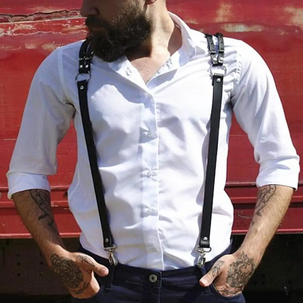 Leather Suspenders Mens Y-Back Vintage Trouser Braces Adjustable Black