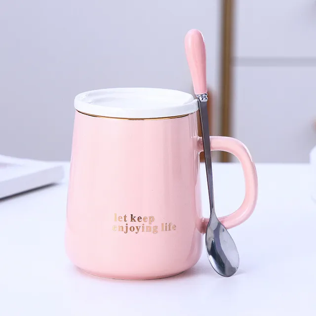 1pc 360ml Pink Melted Ceramic Mug, With Lid And Spoon, High Value