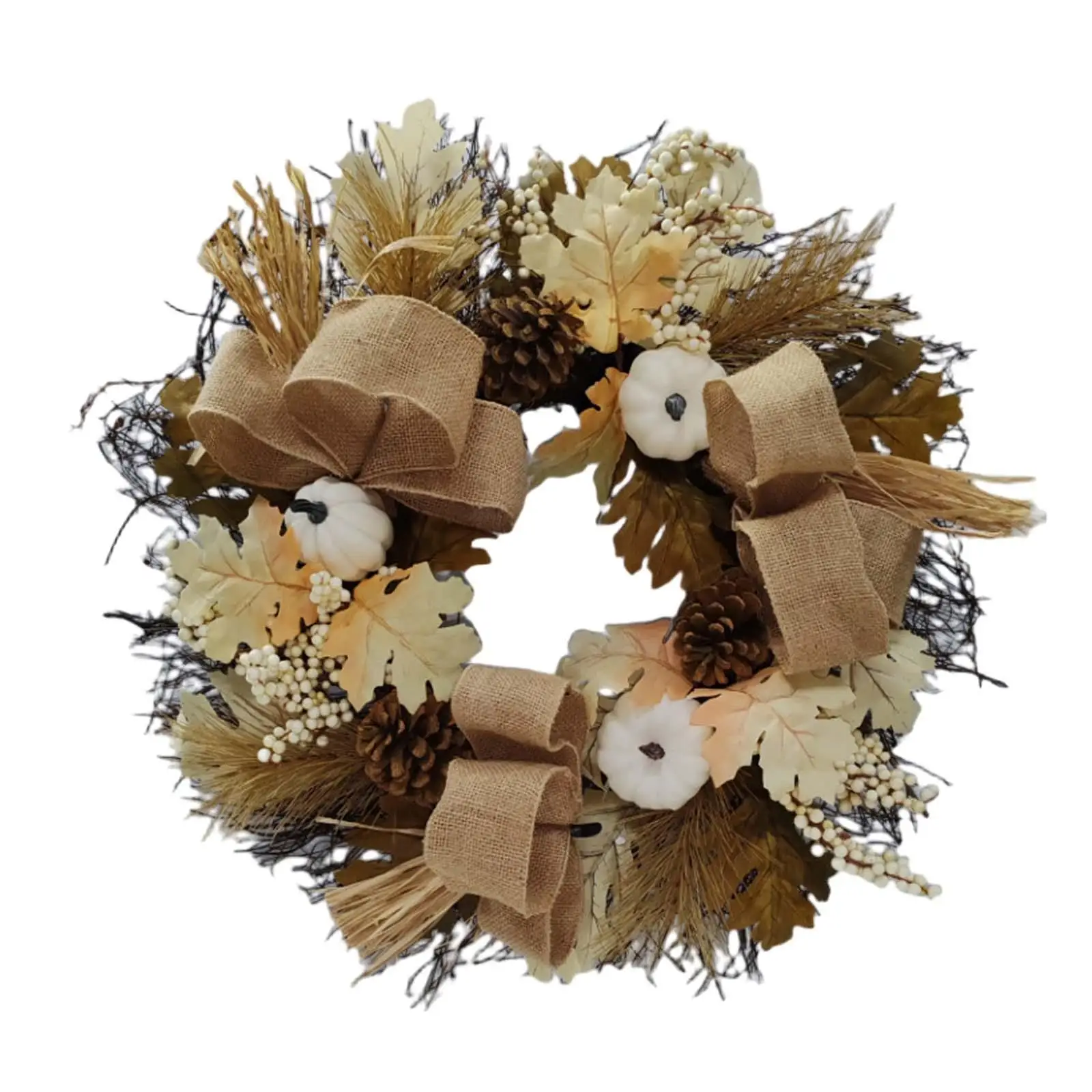 Fall Wreath Harvest Festival Wreath Linen Ribbon Artificial 20 inch Thanksgiving Wreath Autumn Wreath for Wall Outside Home