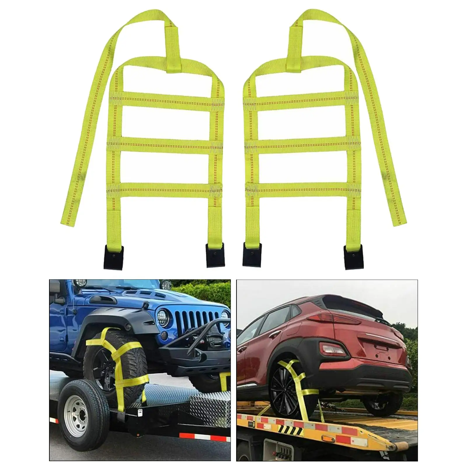 Tow Straps Net Basket with Flat Hooks Yellow Car Tire Tow Straps Car Basket Straps for 14-17inch Tires