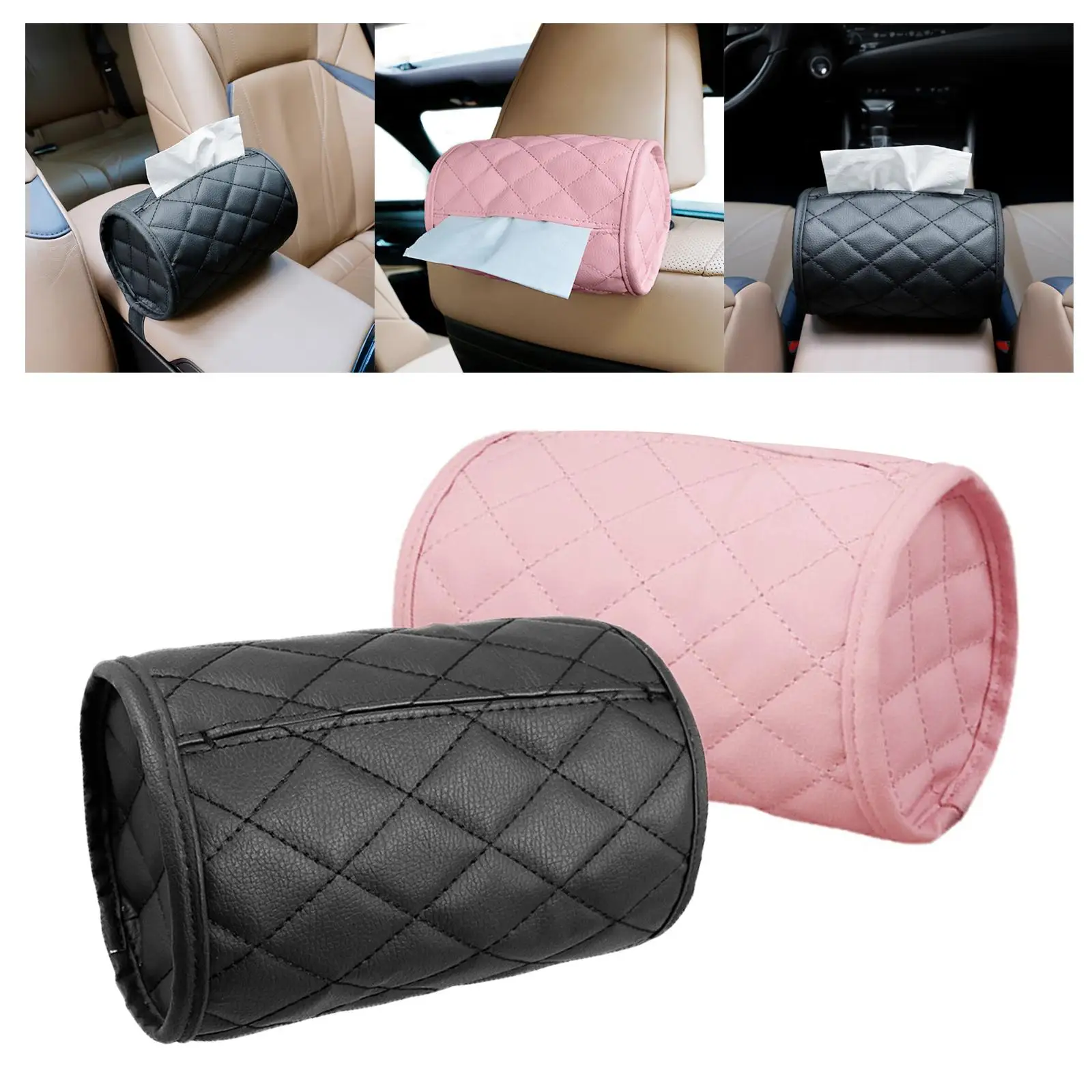 Leather Car Tissue Box Round Headrest Multi-Use Storage Organiser Paper Holder Case Fit for Car Truck Back Seat Armrest Boxes
