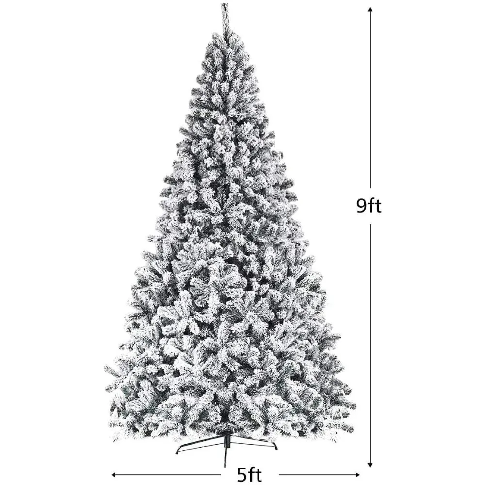 Artificial Christmas Tree Ideal for Indoor and Outdoor (9FT) Flocked Snow Pine Tree With Solid Metal Stand Premium PVC Xmas Full