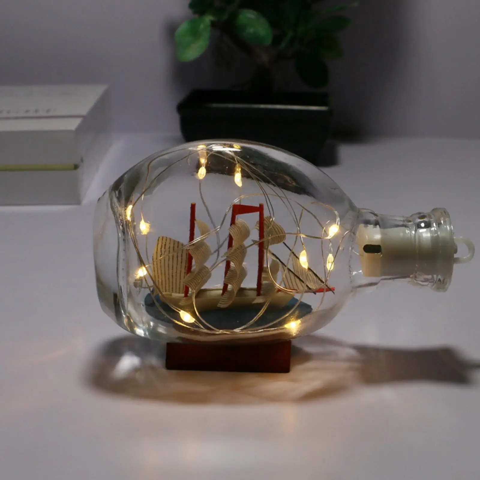 Glass Nautical Statue Sailboat Figurine LED Night Lights Sailing Ship Model Ocean for Celebrations Ornament Cabinet Living Room