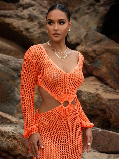 Cleavage Cover up 2023 Beach Bikini Cover Up Crochet Knit Mesh Cover Up  Swimsuit Beach Cover Up Dress Women Knitted Woman Beach Wear Mesh Swimsuit  Cover Ups for Women (Khaki-14, One Size) 