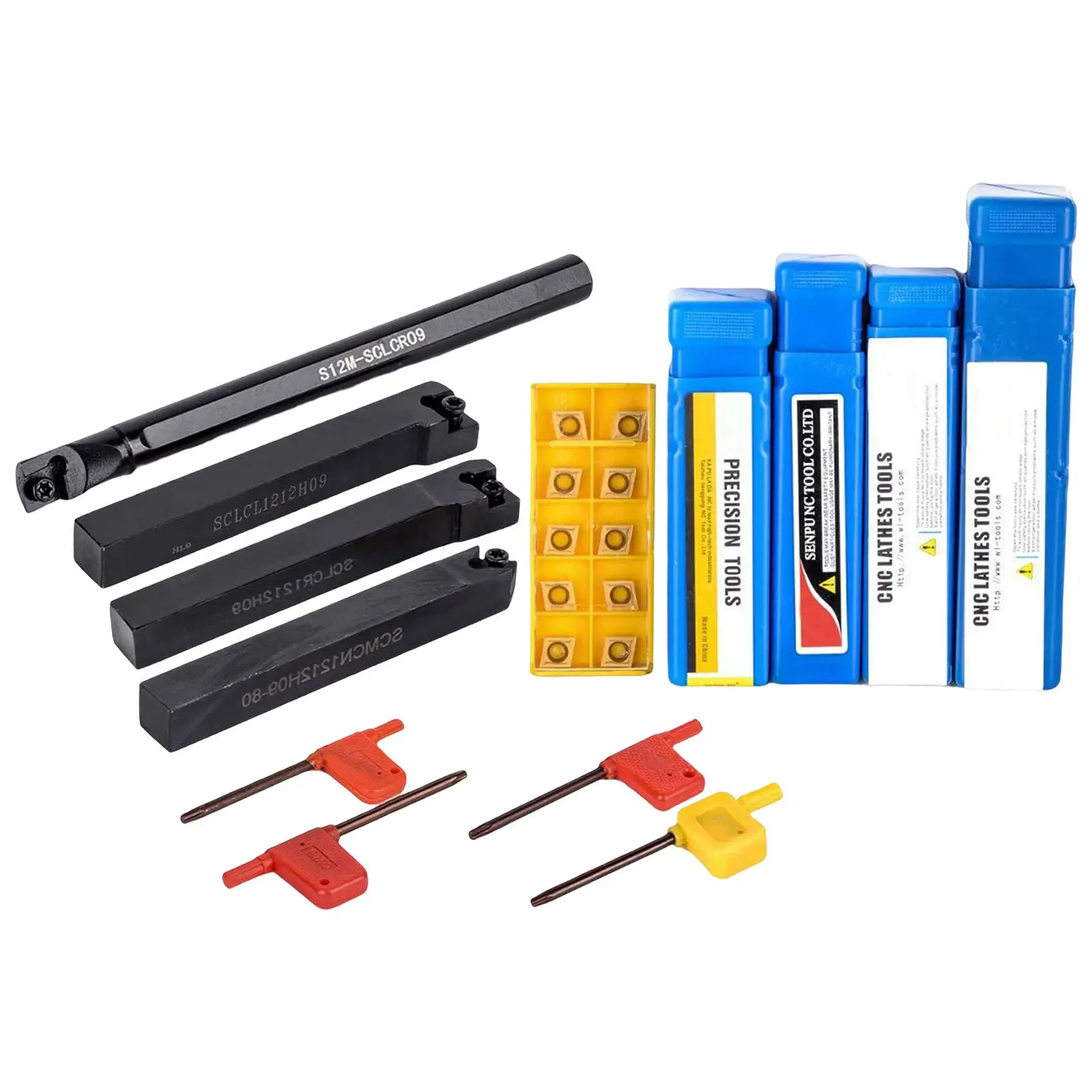 4 Pieces Lathe Boring Bar and 10Pcs Carbide Inserts Replacement Parts with 4Pcs Wrench Metal Turning Tools Holder Sclcr1212H09