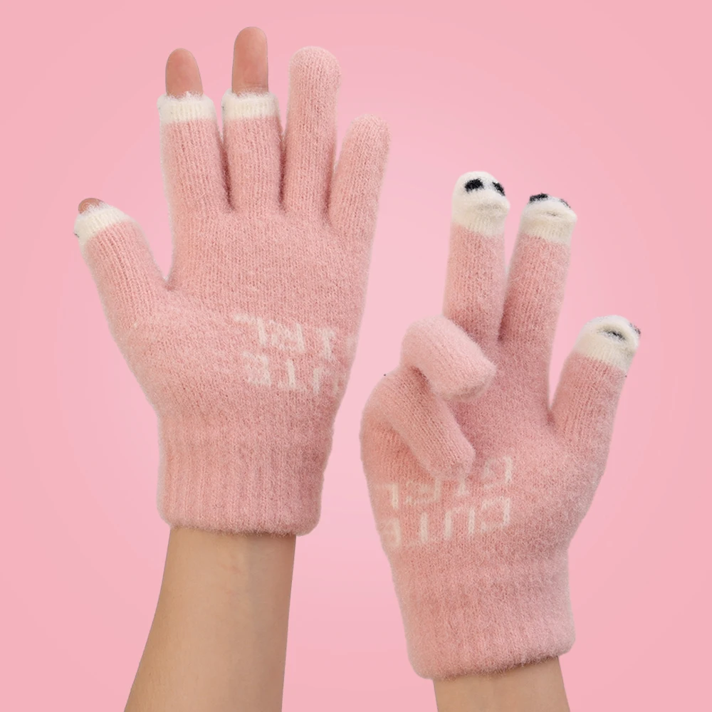 Open Finger Gloves Winter Warm Open Finger Gloves Women's Cute Panda Fingertip Touch Screen Gloves Warm Outdoor Knitted Gloves