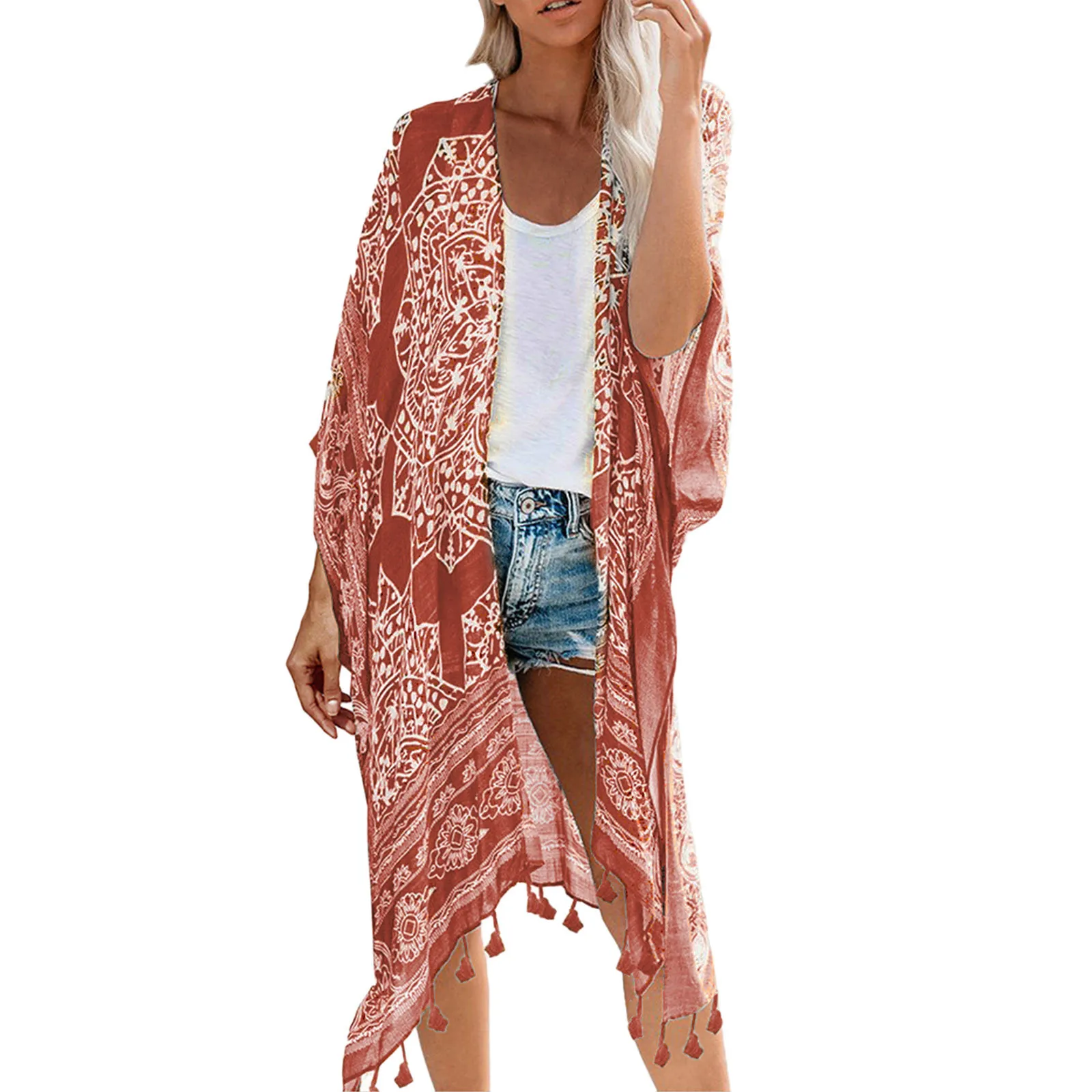 Bohemian Vintage Floral Print Woman Long Kimono Shirt Ethnic Loose Cardigan Tops Holiday Sunscreen Blouses Women Outer Cover bathing suit wrap cover up
