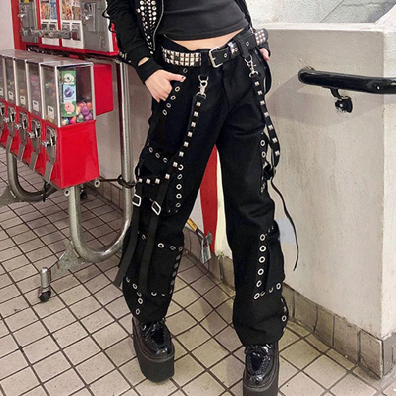 Punk Style Rivet Bandage Pants Women 