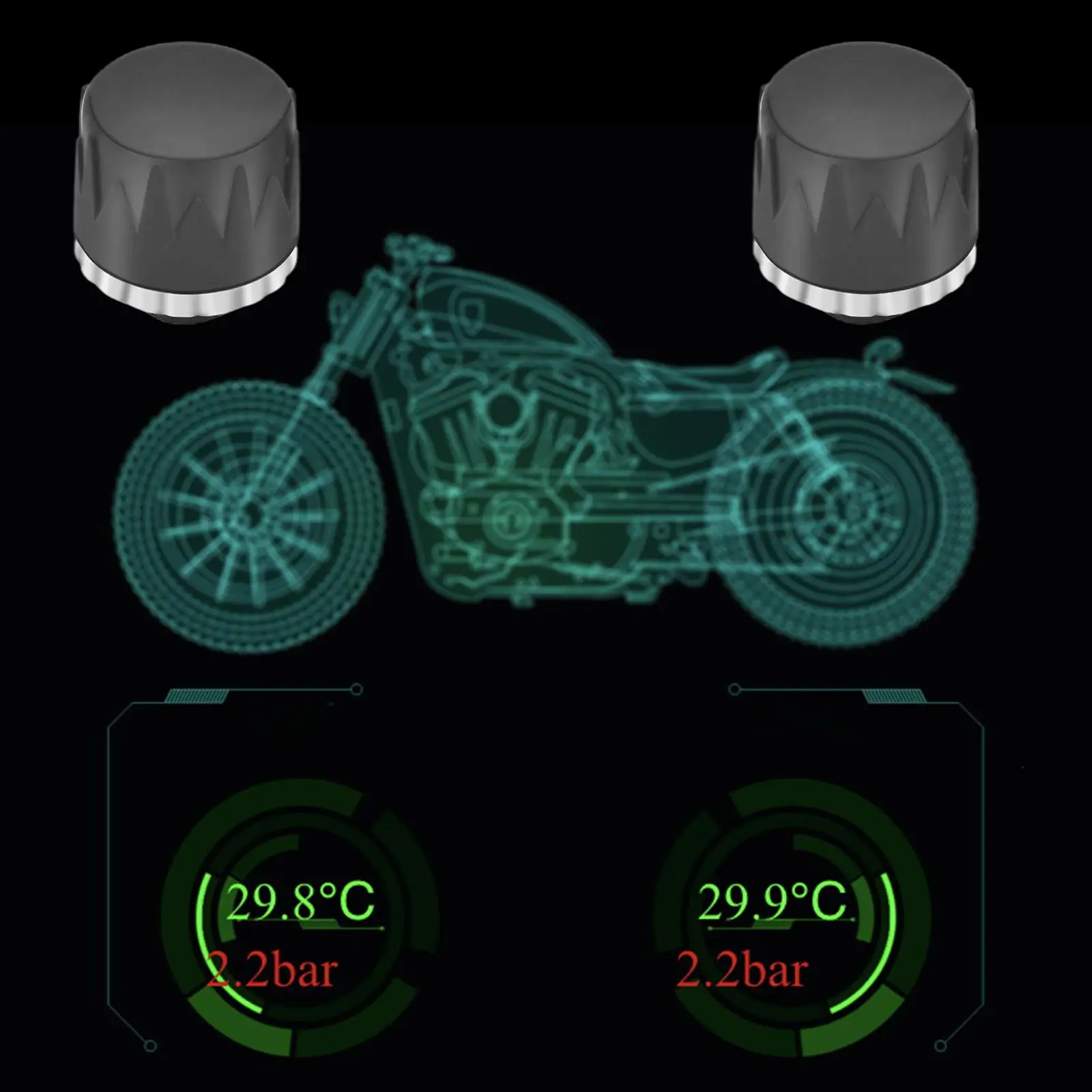 2Pcs Bluetooth Motorcycle Tire Pressure Monitoring System Sensor External 0-13.0 Bar Real Time Monitor Fit for Android iOS Bike