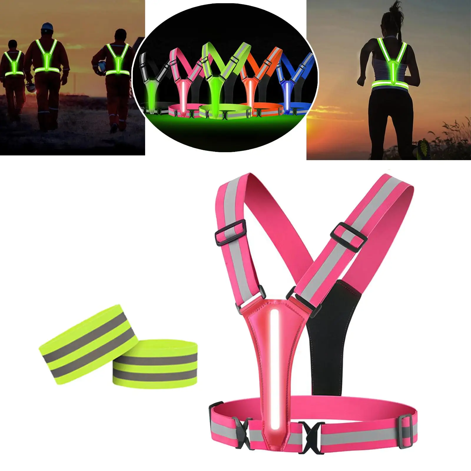 Adjustable LED Reflective Vest Safety Vest Double Side LED Strips Glowing Reflector Straps for Runner Outdoor Cycling Sports