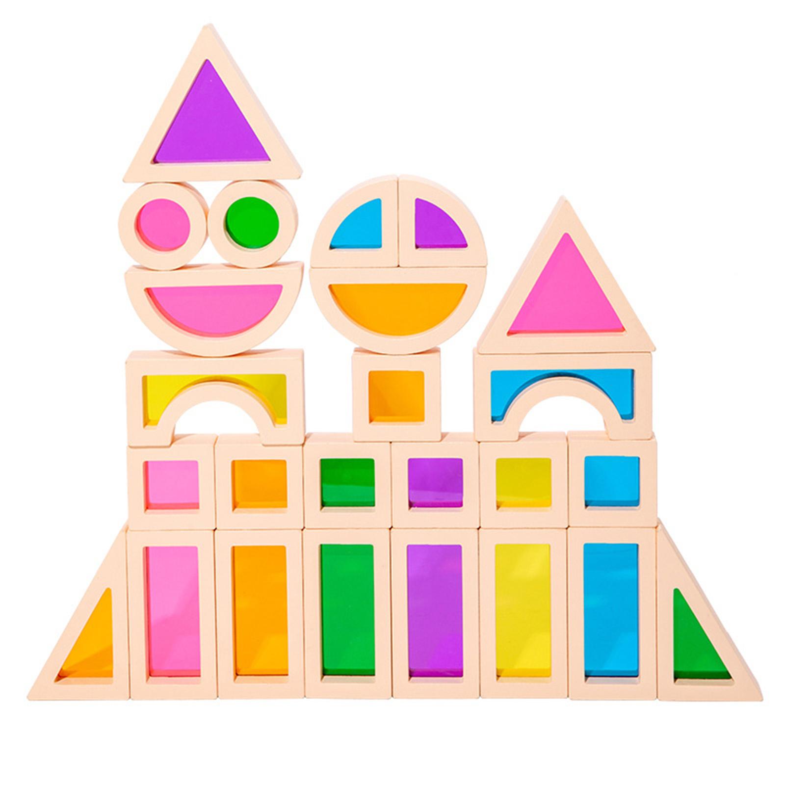 25Pcs Stacking Building Blocks Montessori Toys Construction Toys Colorful Geometry Sensory Toy Wood Rainbow Blocks for Preschool