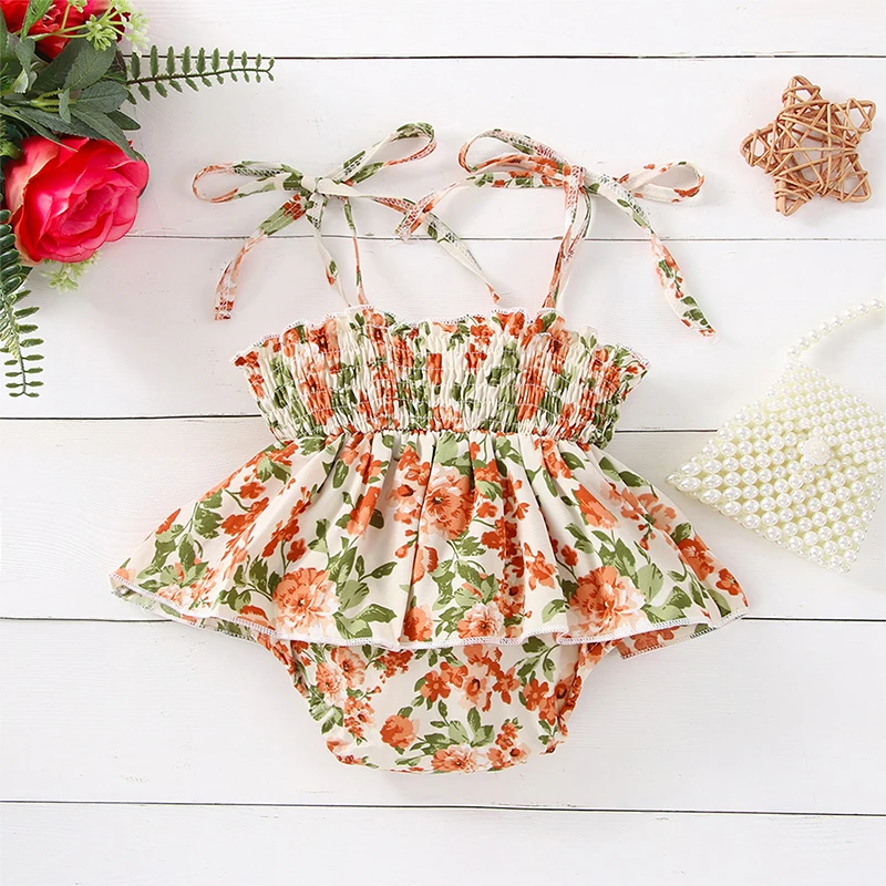 Baby Bodysuits are cool Sweet Summer Newborn Baby Girls Casual Rompers Floral Print Tie-up Sleeveless Elastic Jumpsuits Skirts Holiday Beach Outfits Baby Bodysuits for boy