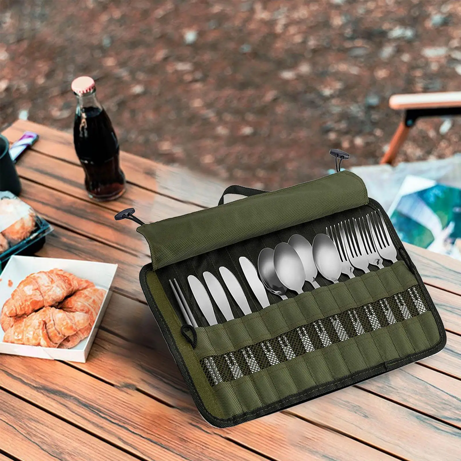 Green Camping Picnic Utensil Travel Case Lightweight for Hiking Bbqs for Family Outings to Beach, Park Stylish Durable Portable