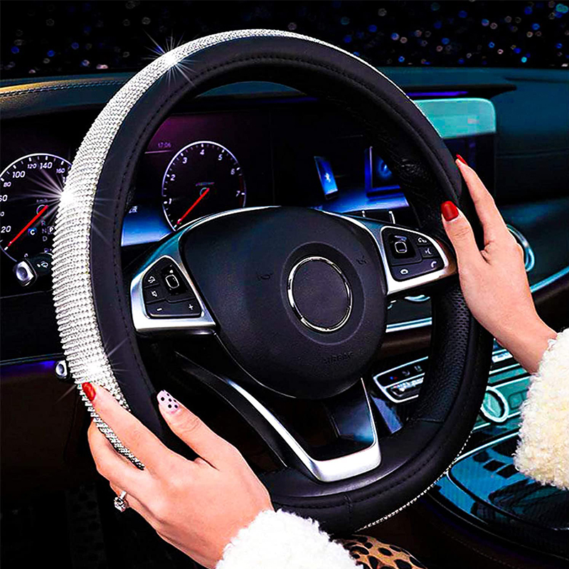 Strass Auto Lenkrad Abdeckung Leder Bling Kristall Diamant Lenkrad Schutz Auto Innen Dekoration Zubehör – Detail 3