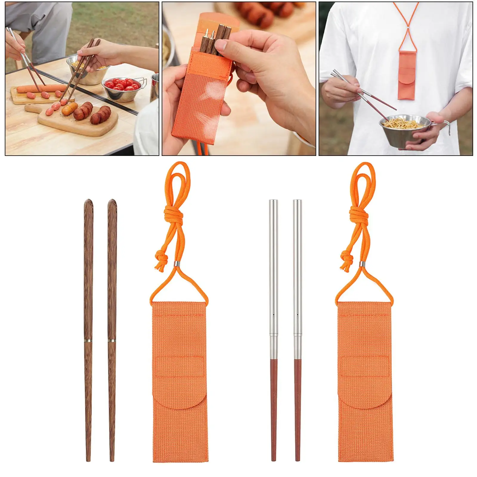 Screw-on / Separate Stainless Steel Wooden Chopsticks Reusable Travel Foldable Chopsticks with Pouch