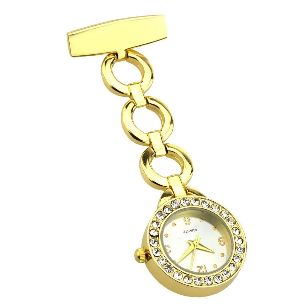 Crystal Rhinestone Round Nurses Fob Watch Silver Gold Pocket Watch Clip On Shirt