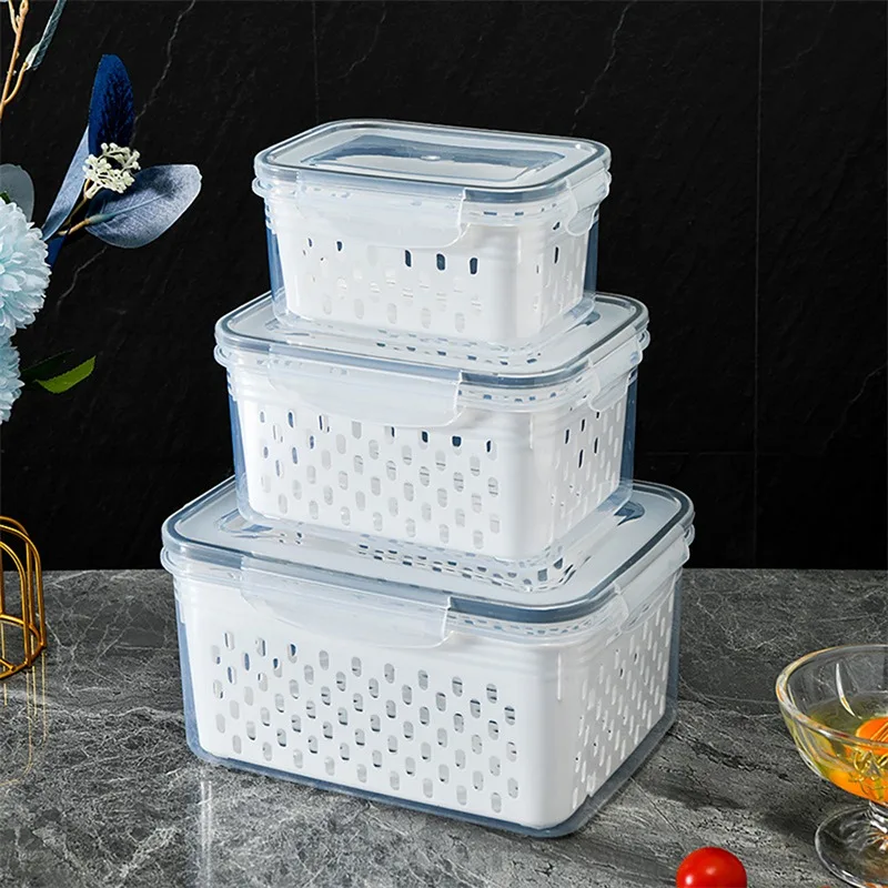 Refrigerator Preservation Box Transparent Double-Layer Vegetable And Fruit Food Grade Drain Box Set Of 3