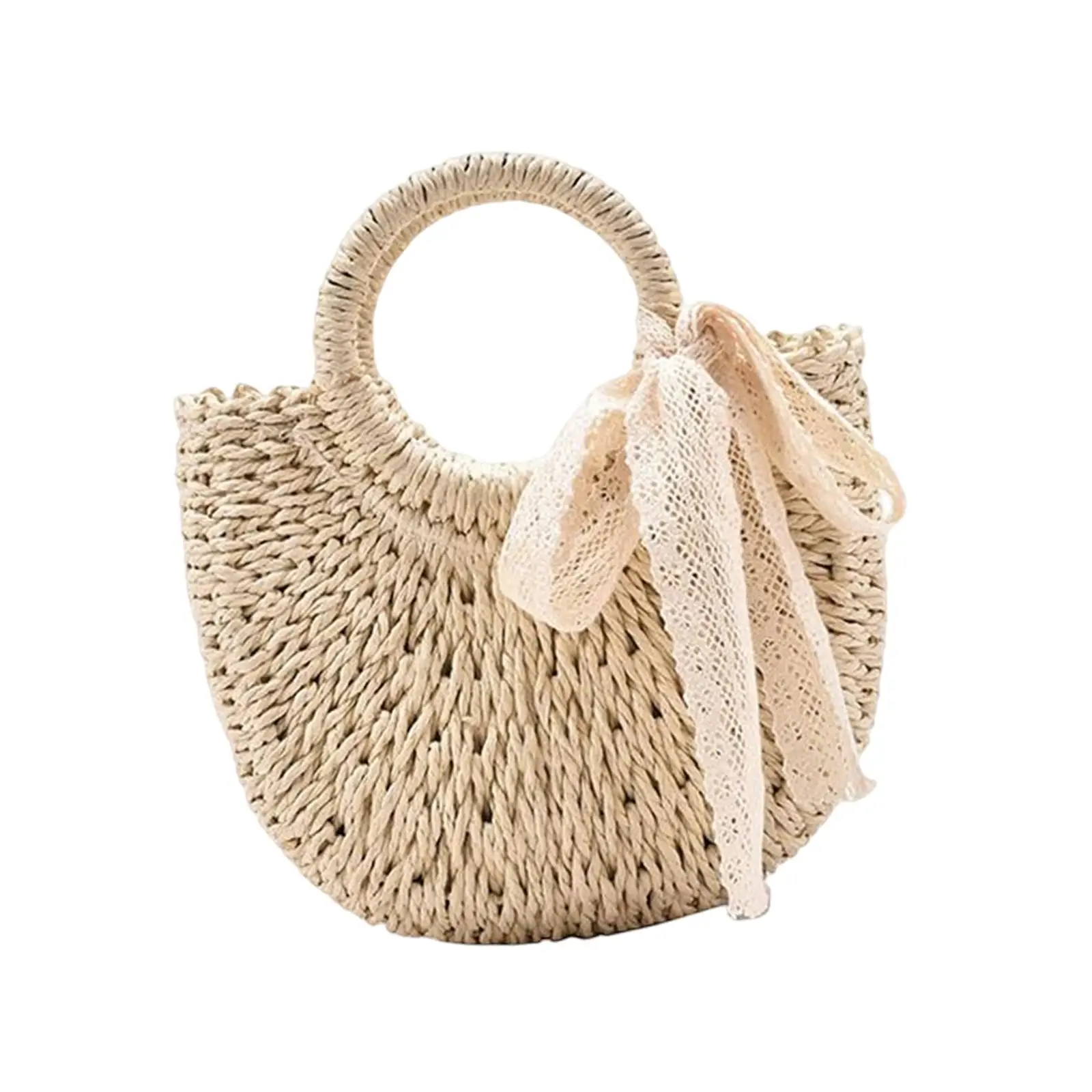 Summer Straw Bag Big Capacity with Handle Woven Handbag Shoulder Bag with Lace Basket for Casual Shopping Vacation Beach Travel