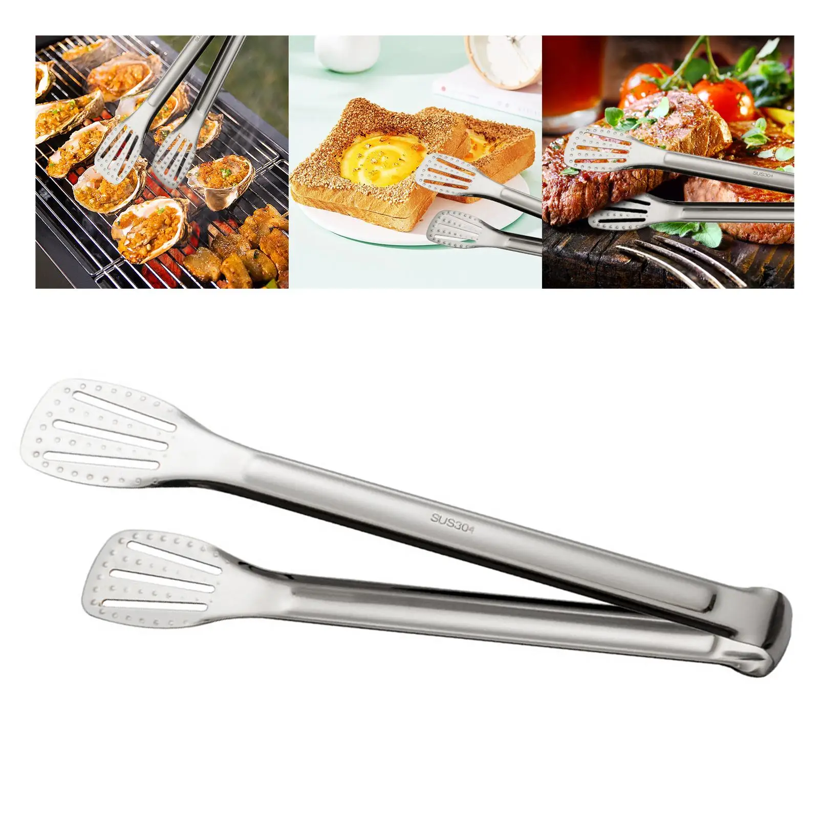 304 Stainless Steel Kitchen Tongs Non Slip Serving Heat Resistant Bread Baking Steak Clamp Frying Clip for BBQ Grilling Cooking
