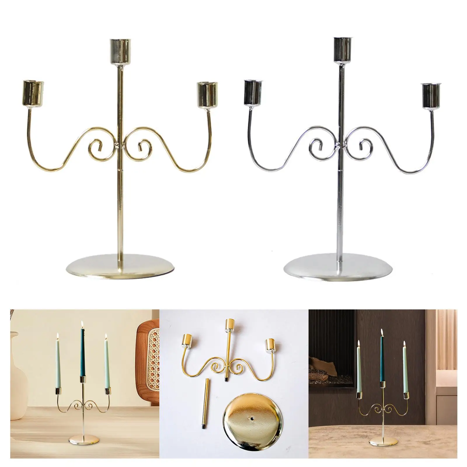 Taper Candle Holder Metal Candelabra Retro Style Tabletop 3 Arms Candlestick