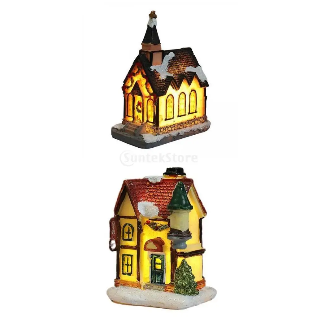 2x Light Up Christmas Decoration LED Miniature House Village Style 1 5