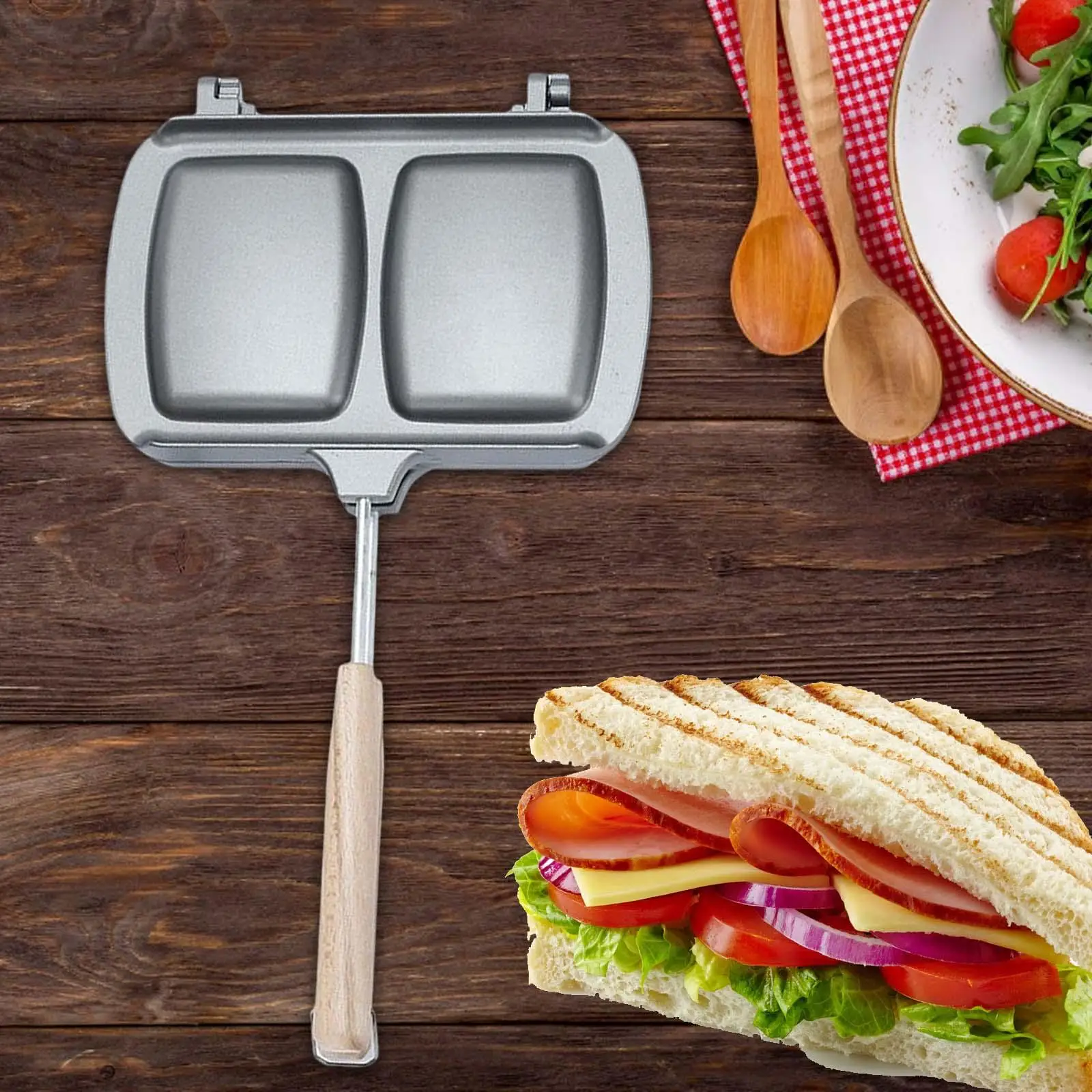 Bread Toast Maker Grill Pan with Wooden Handle Non Stick for Stove Top