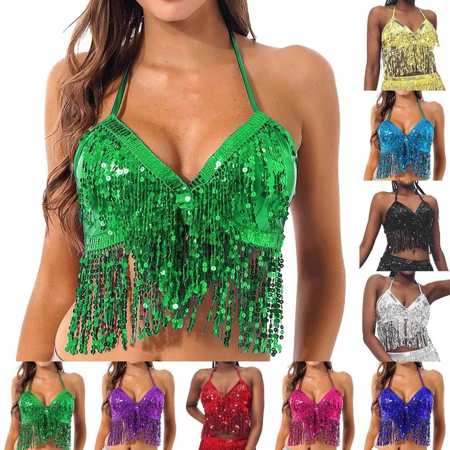 Sexy Women Sequin Tassel Crop Top Shiny Rave Party V-neck Cross