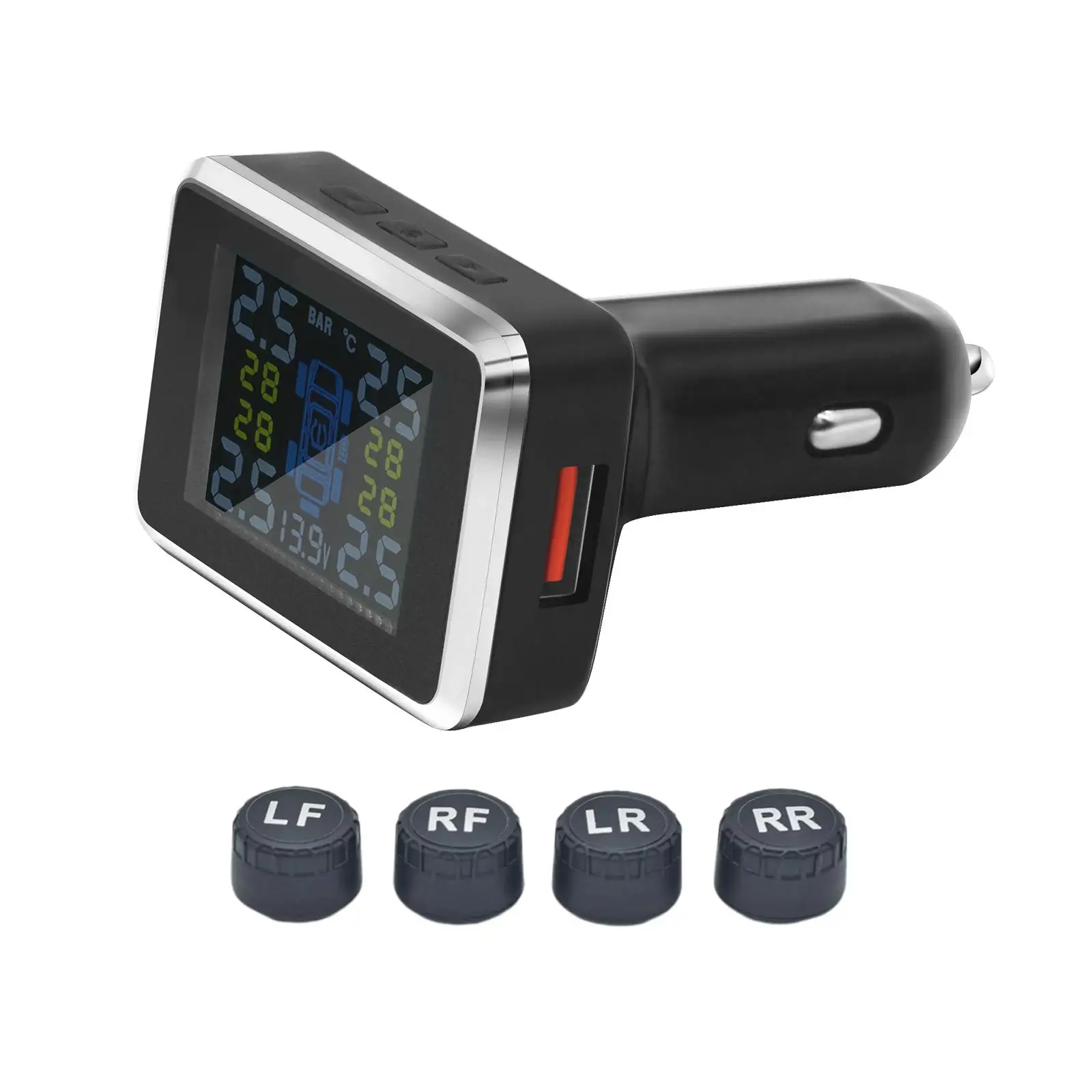 Car Tire Pressure Monitoring System TPMS W/ 4x External Sensors LCD Display Auto Alarm Real Time Monitor Fit for Sedans MPV RV