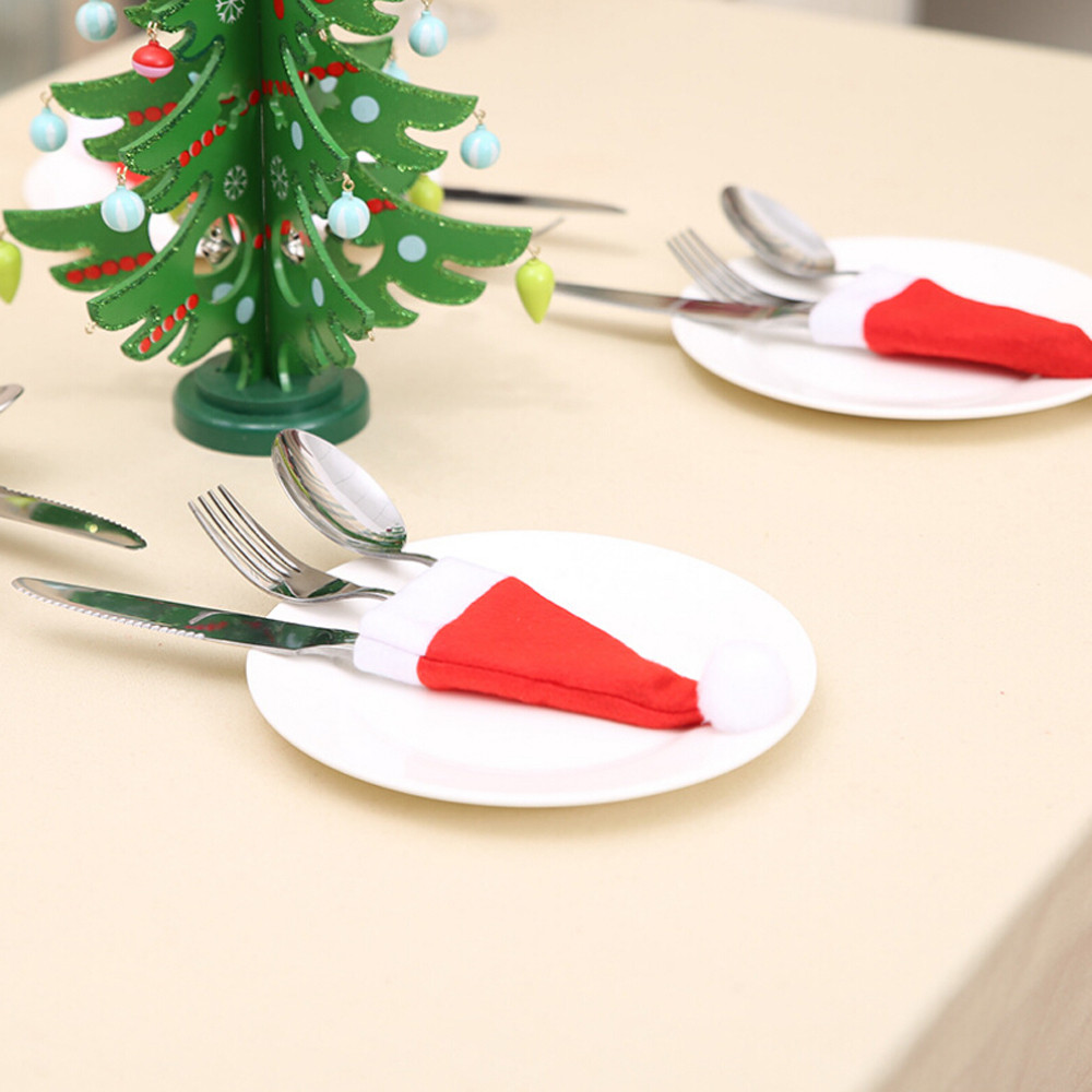 Description Picture 3 of item1~12pcs Christmas Hat Tableware Holder Bag Dinner Knife Fork Set Pocket Cover Navidad Lollipops Candy Hat Party Home Decors Xmas