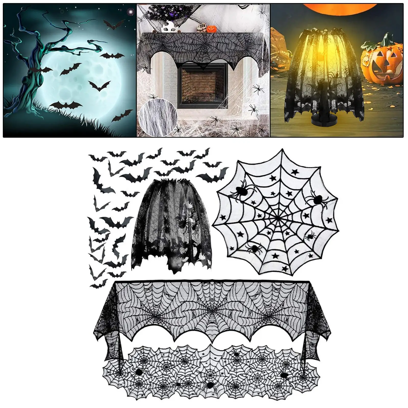 Halloween Tablecloth Decoration Set Cobweb Table Cover Fireplace Mantle Scarf with Scary Bat Gothic for Curtain Kitchen Indoor