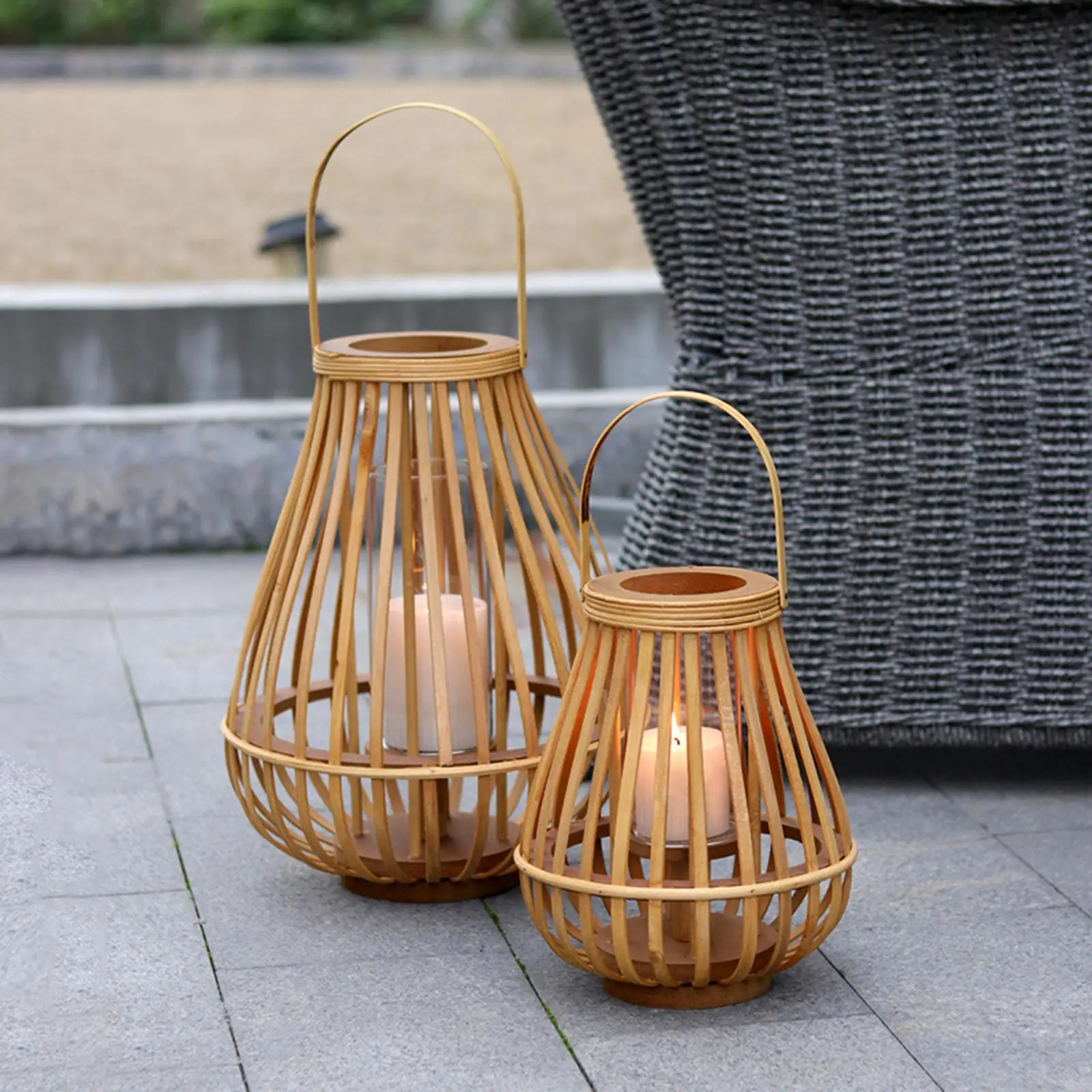 Log Rattan Floor Lantern Hand Woven Hanging Windproof Ornaments Candlestick Candle Holder Home Balcony Decoration Crafts