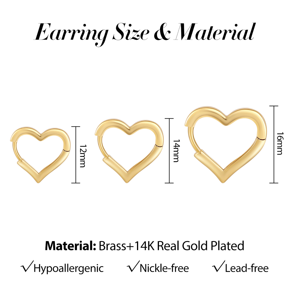 3 Sizes Cute Love Heart Huggies Hoop Earrings for Women Fashion Gold Color Hollowed Circle Piercing Earring Polished Ear Buckles