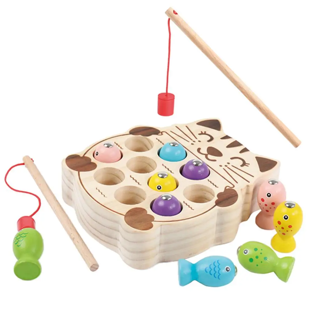 Magnetic Wooden Fishing Game Toy for Toddlers - Cat Fish Catching Counting