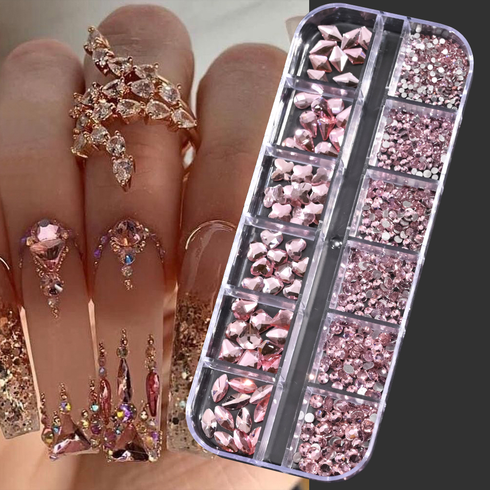 Best of 720-1000pcs Pink Crystal Nail Rhinestones 3D Flatback Pink Non-Hotfix Nail Glitter Diamond 12Grids / Box Christmas Pink Jewelry Reviews & Tips