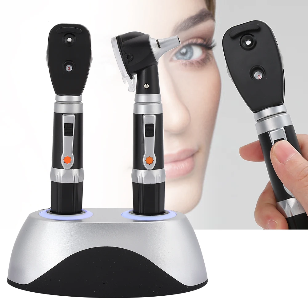 Double Hole Ear Eye Examination Ear Cleaning Devices Base Rechargeable Fiber Optic Ophthalmoscope Otoscope Tool Kit EU Plug USB