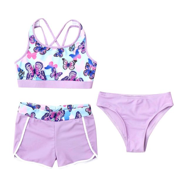 3Pcs Kids Girls Swimwear Rashguard Suit Swimsuits Back Cross Straps Print  Crop Tops with Shorts Briefs Sets Beach Bathing Suits