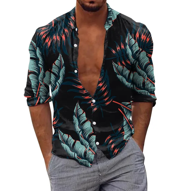 MRULIC mens shirts Men's Fashion Shirt Leisure Seaside Beach Hawaiian Short  Sleeve Printed Shirt Loose Summer Beach Top Shirt Men Shirts Black + XL