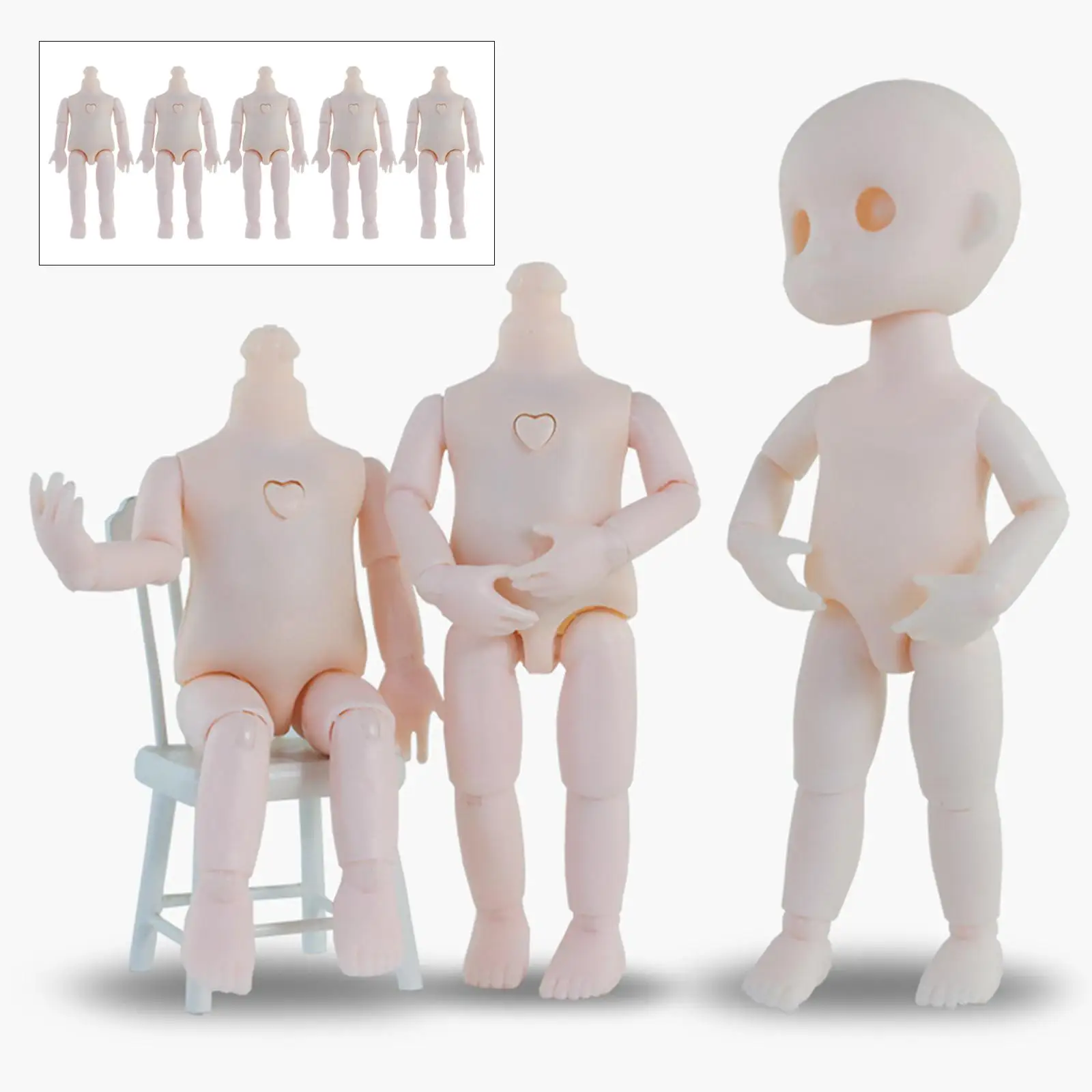 5Pcs Doll Nude Body Height 16cm Moveable Jointed Premium Material DIY Making Accessories with Spare Hands No Head White Color