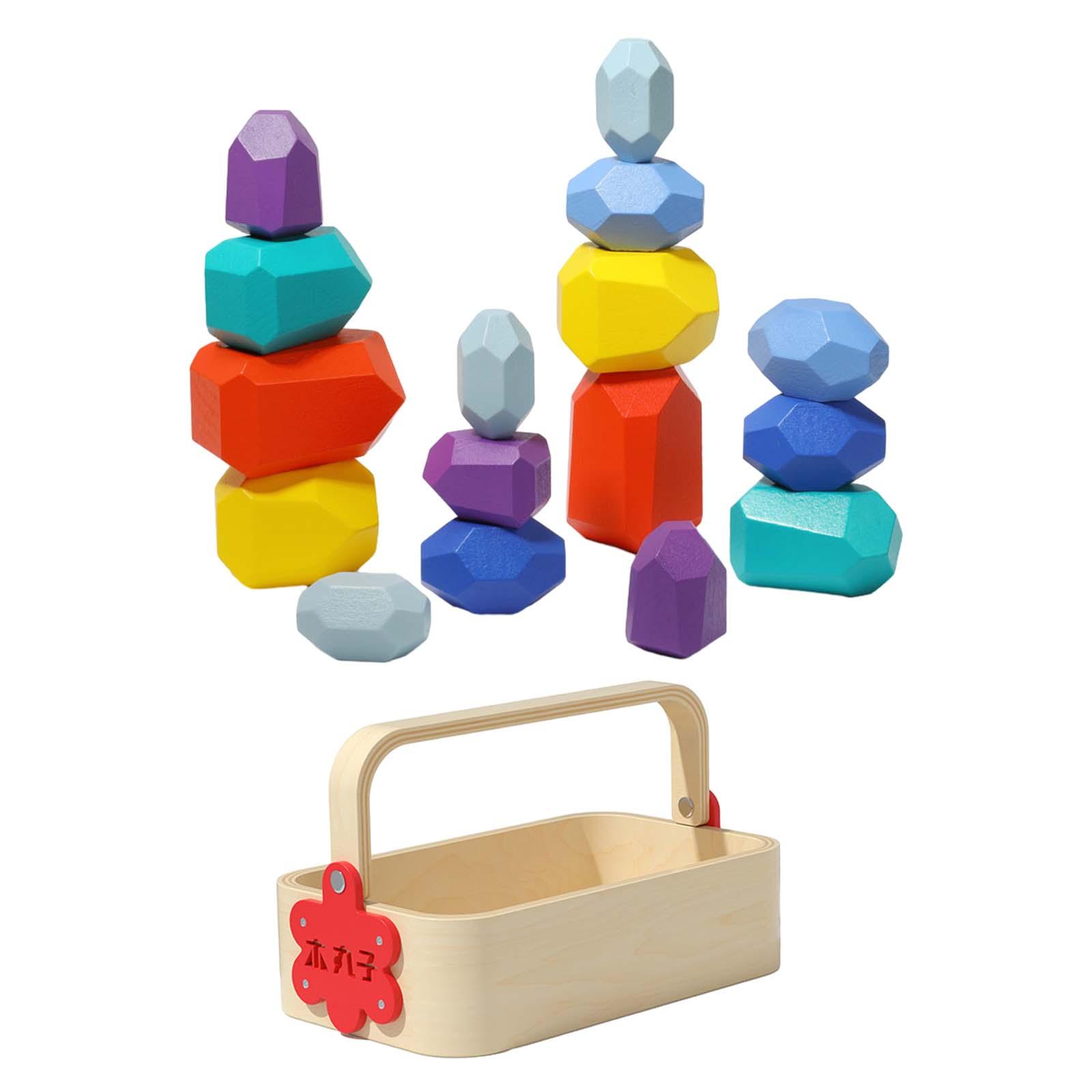 Stacking Blocks Early Learning with Basket Sensory Toys Montessori Wood for Kid 3 Years up Children Boys Girls Birthday Gifts