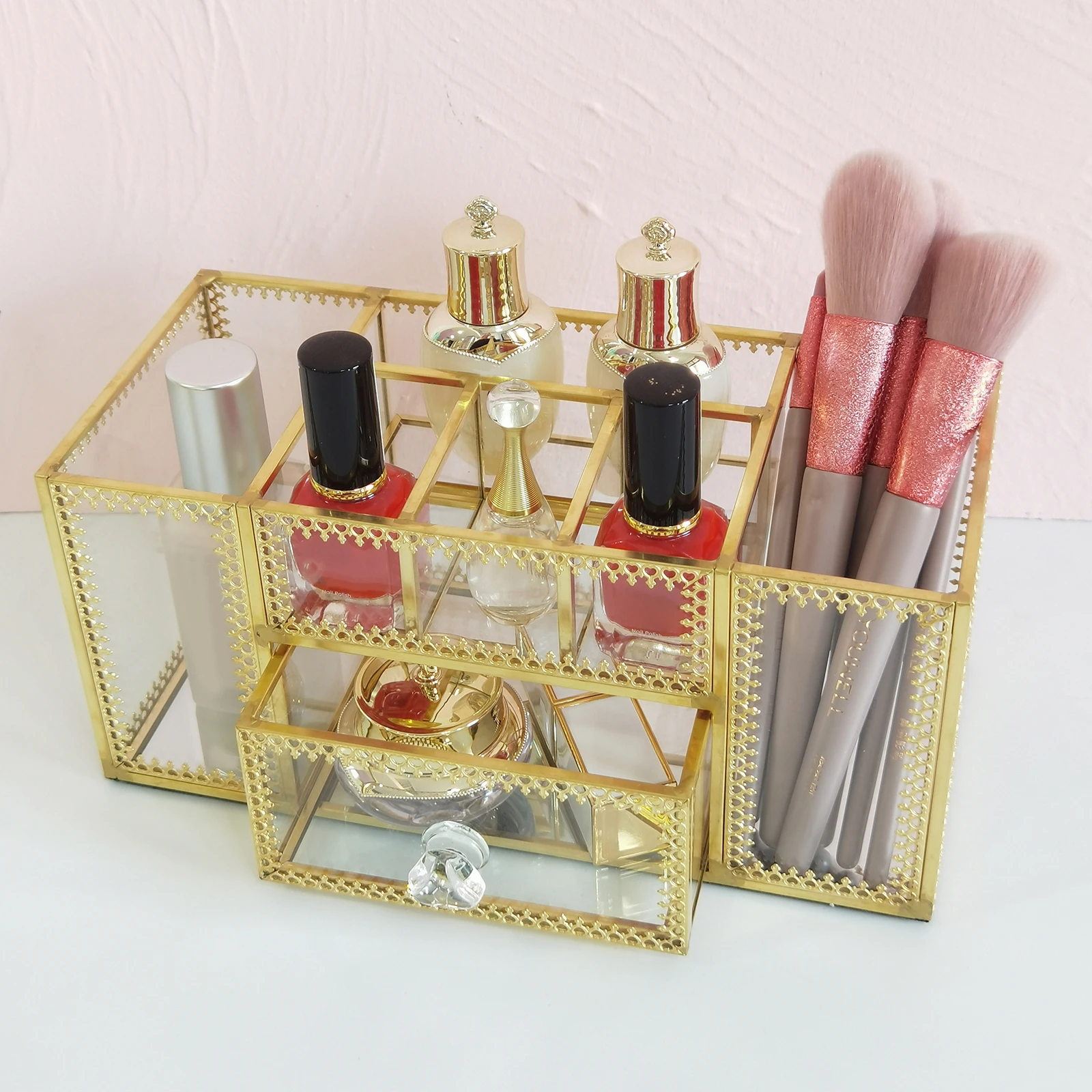 Gold Glass Makeup Cosmetic Brushes Holder Organizer Jewelry Storage Box Case