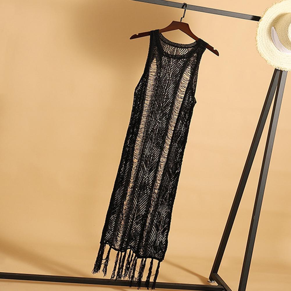 Estilo de Uma Etapa o Pescoço Perspectiva sem Mangas Longo para Praia Mulher Crochê Cobrir Bordado Malha Tassel Vestido 2 Online shopping
