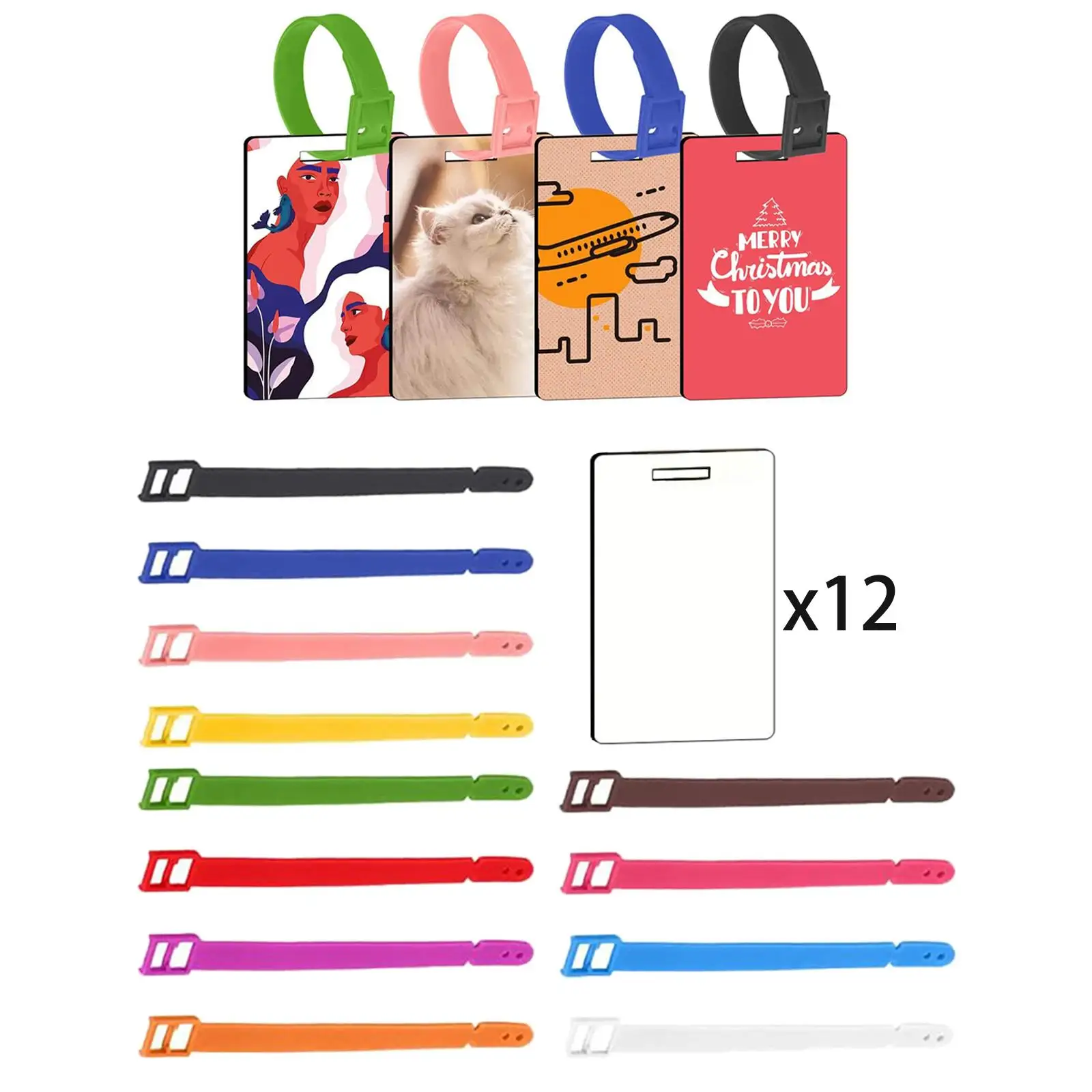 12x Sublimation Blank Luggage Tags DIY Heat Transfer Rectangle with Straps White Heat Transfer Tags MDF for Suitcase