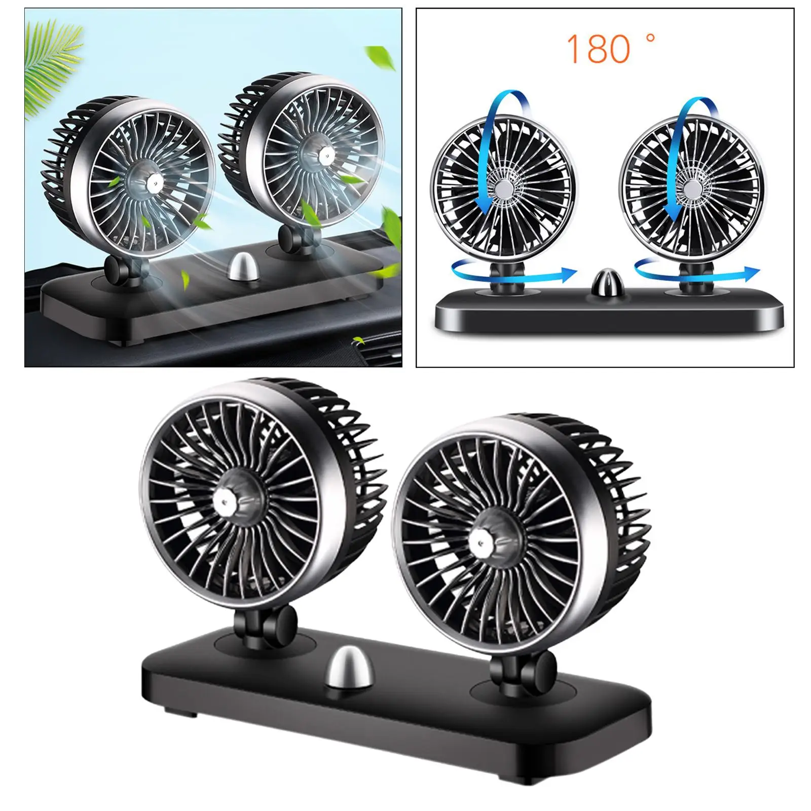 USB Powered Dual Heads Car Dashboard Electric Fan Low Noise 2 Speeds Black