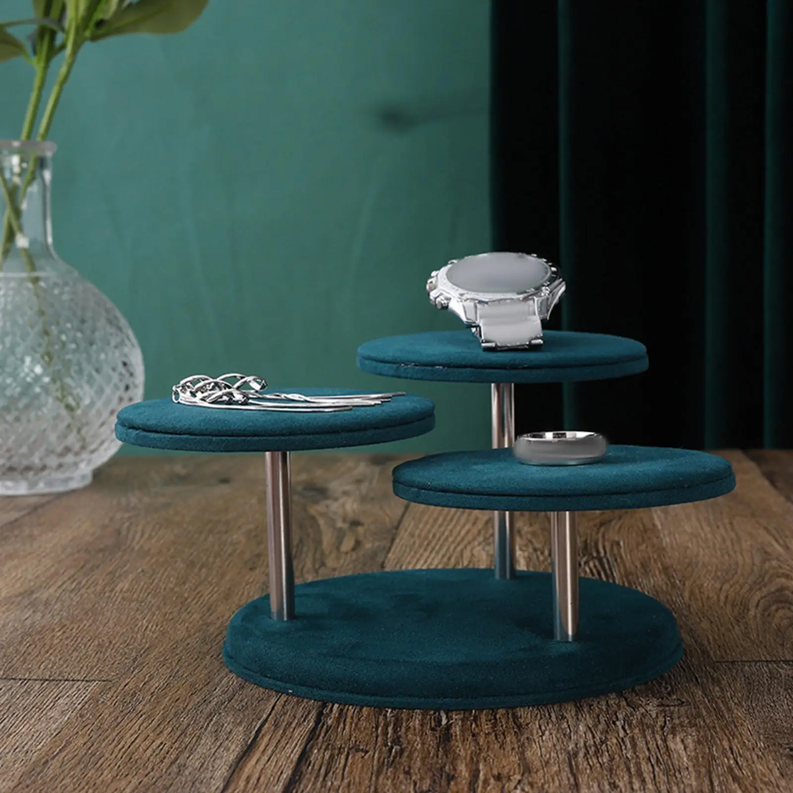 Jewelry Display Stand, with Base. 3 Round Disc. Design Tower Storage Rack Showing Tray Organizer for Necklace Hair Ring Women