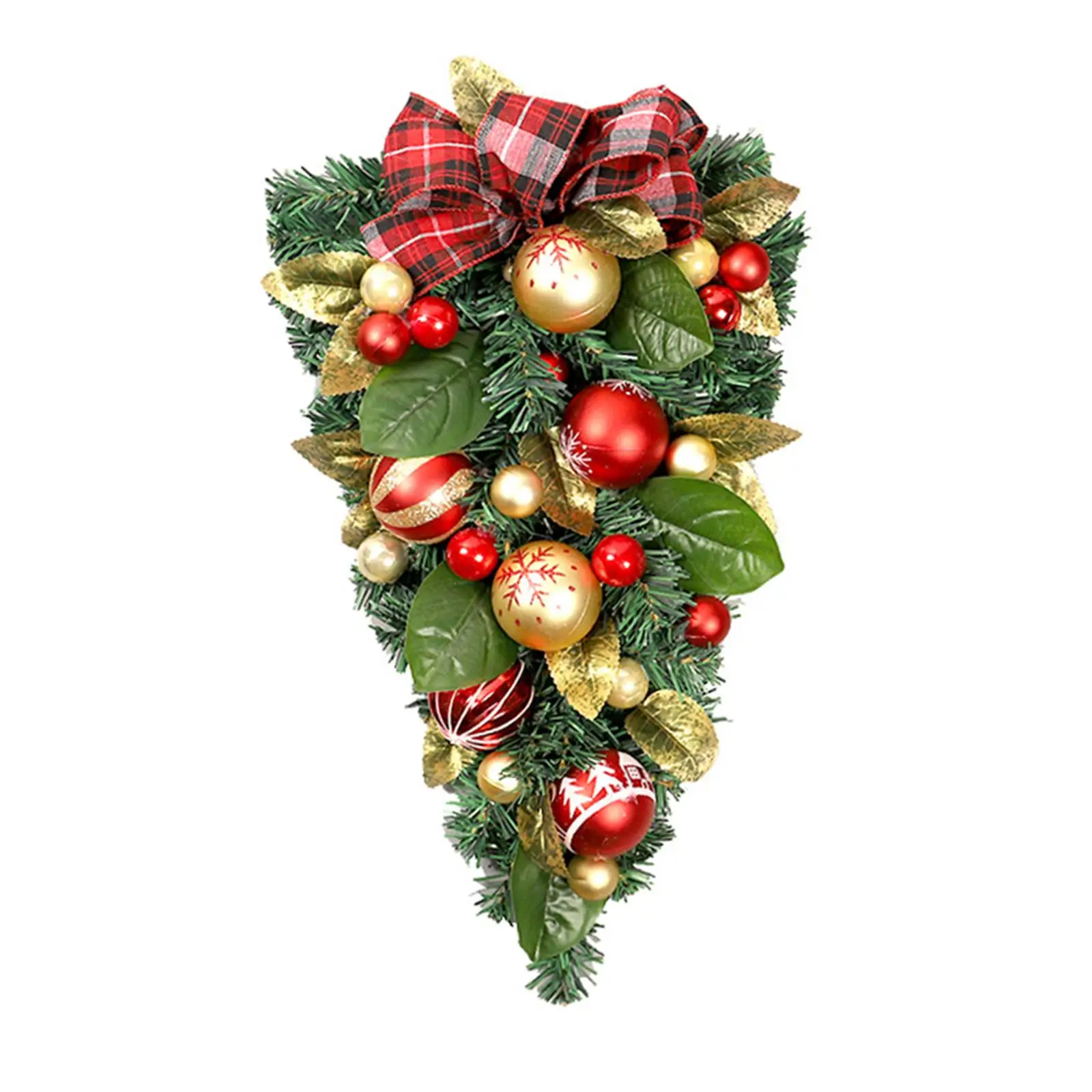20 inch Winter Artificial Christmas Teardrop Wreath Decorated with Ball Ornaments with Lights for Party Farmhouse Decoration